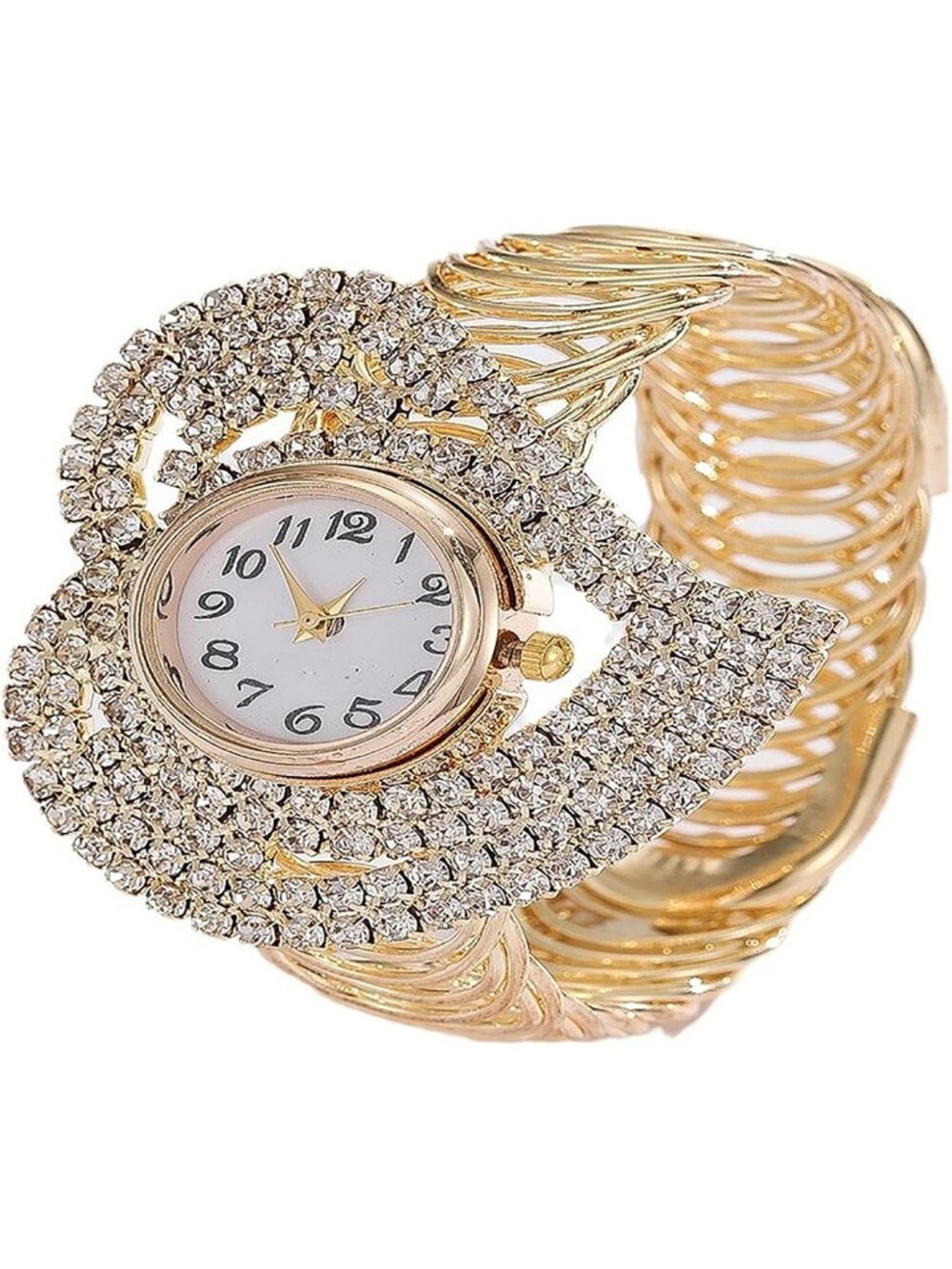 Women's Gold Toned Sparkling Heart-Shaped Crystal Bracelet Cuffs Wrist Watch